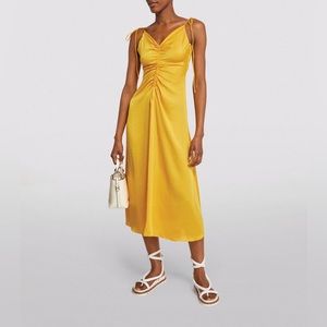 Sandro Yellow Ruched Satin Midi Dress